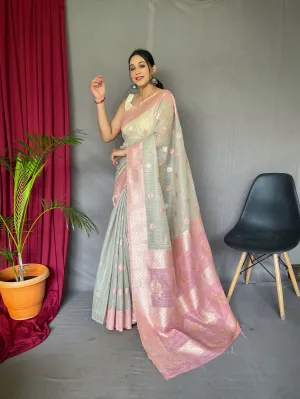 Pastel Grey with Pink Saree in Cotton Slub Contrast Pattern