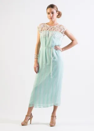 Pastel Mint Silk chiffon self striped dress w/ lace yoke- SOLD OUT