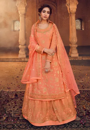 Pastel Orange Embroidered Lehenga style suit