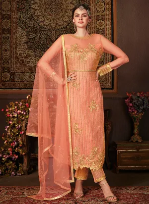 Pastel Orange Embroidered Pakistani Pants Suit