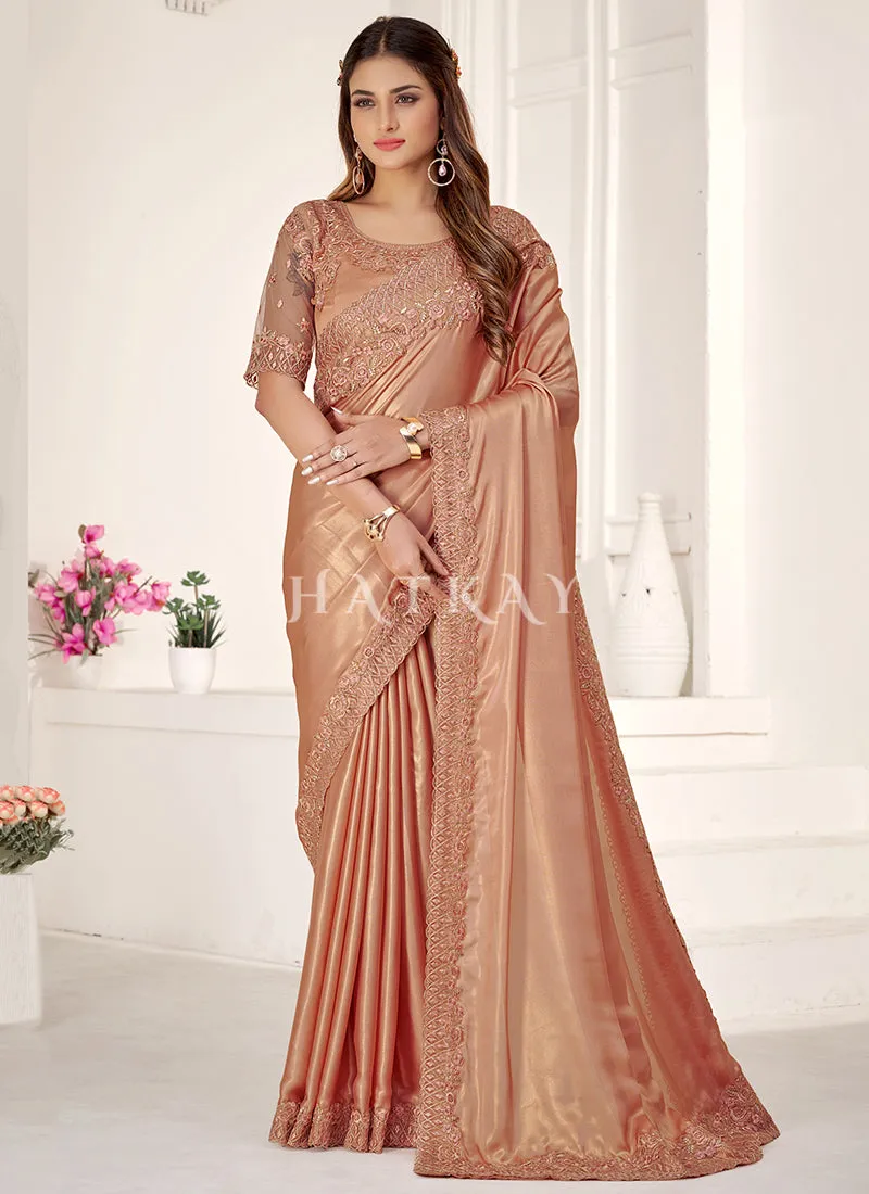 Pastel Orange Embroidered Traditional Wedding Saree