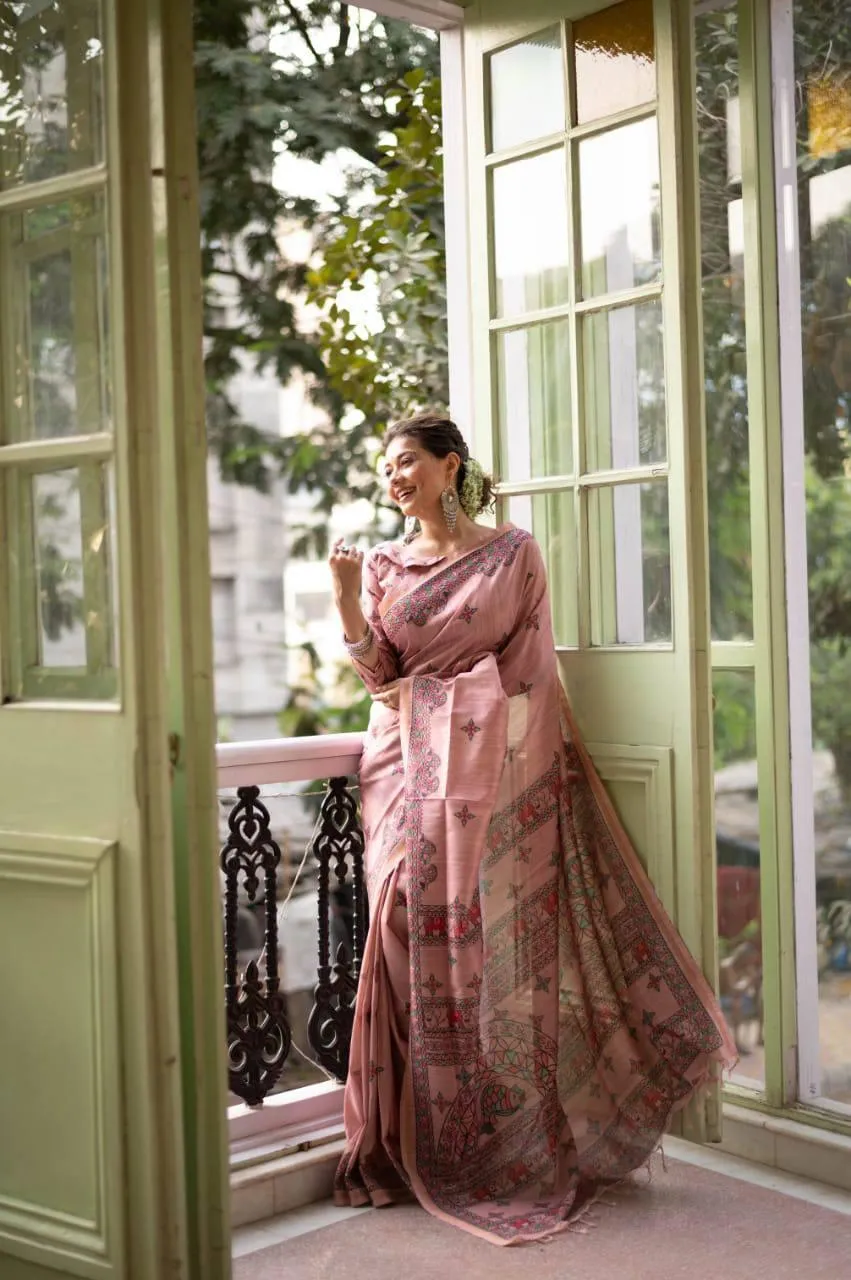 Pastel Pink Madhubani Print Tusser Silk  Saree