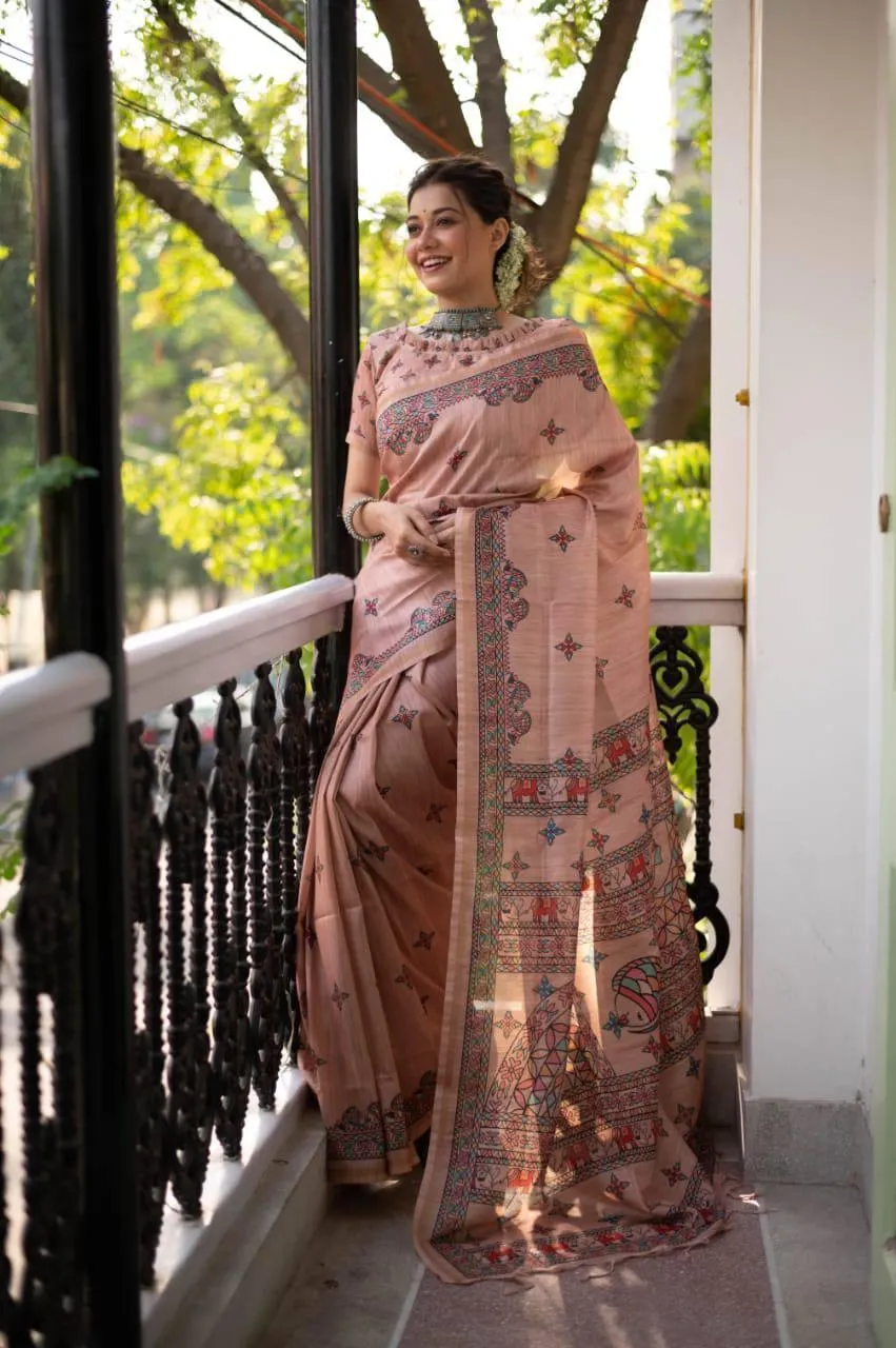 Pastel Pink Madhubani Print Tusser Silk  Saree