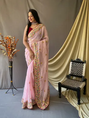 Pastel Pink Saree in Georgette Sequins Multicolor Embroidered Designer