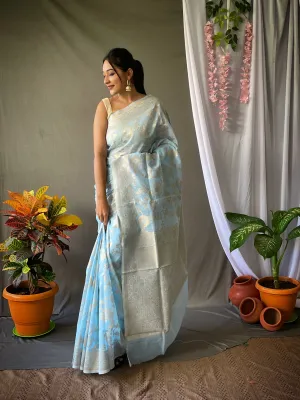 Pastel Sky Blue Saree in Linen Silk