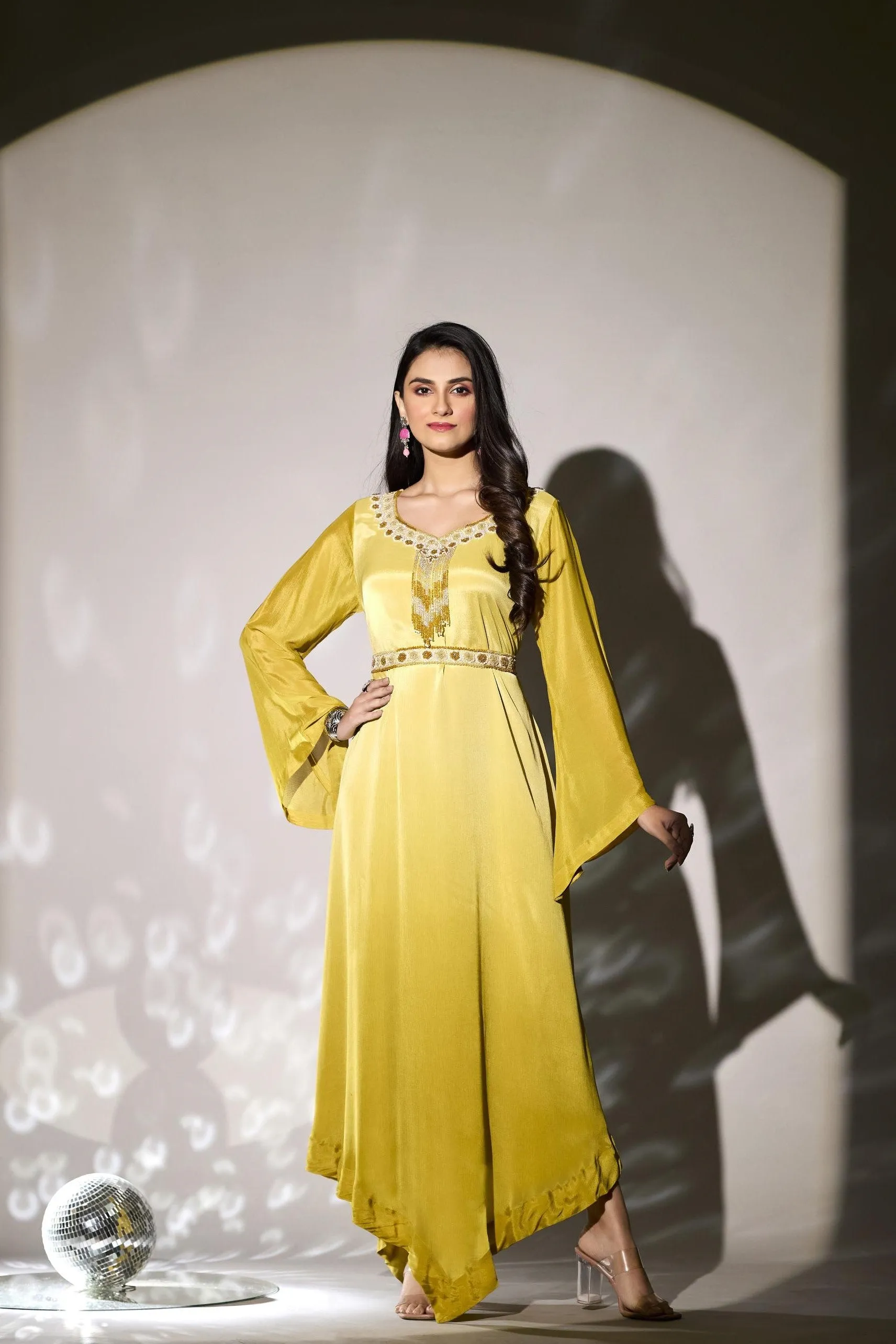 Pastel Yellow Embellished Premium Chinon Silk Gown