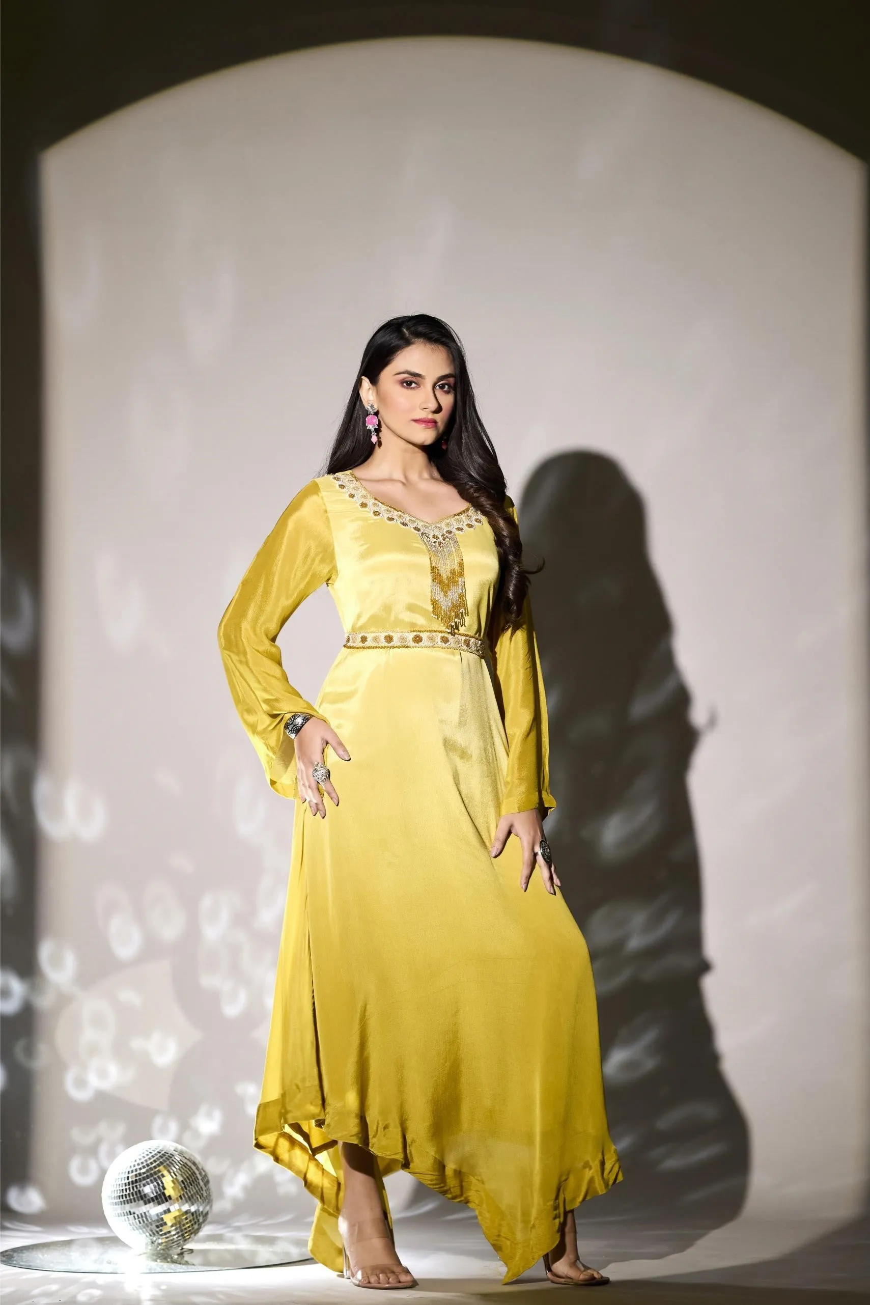 Pastel Yellow Embellished Premium Chinon Silk Gown