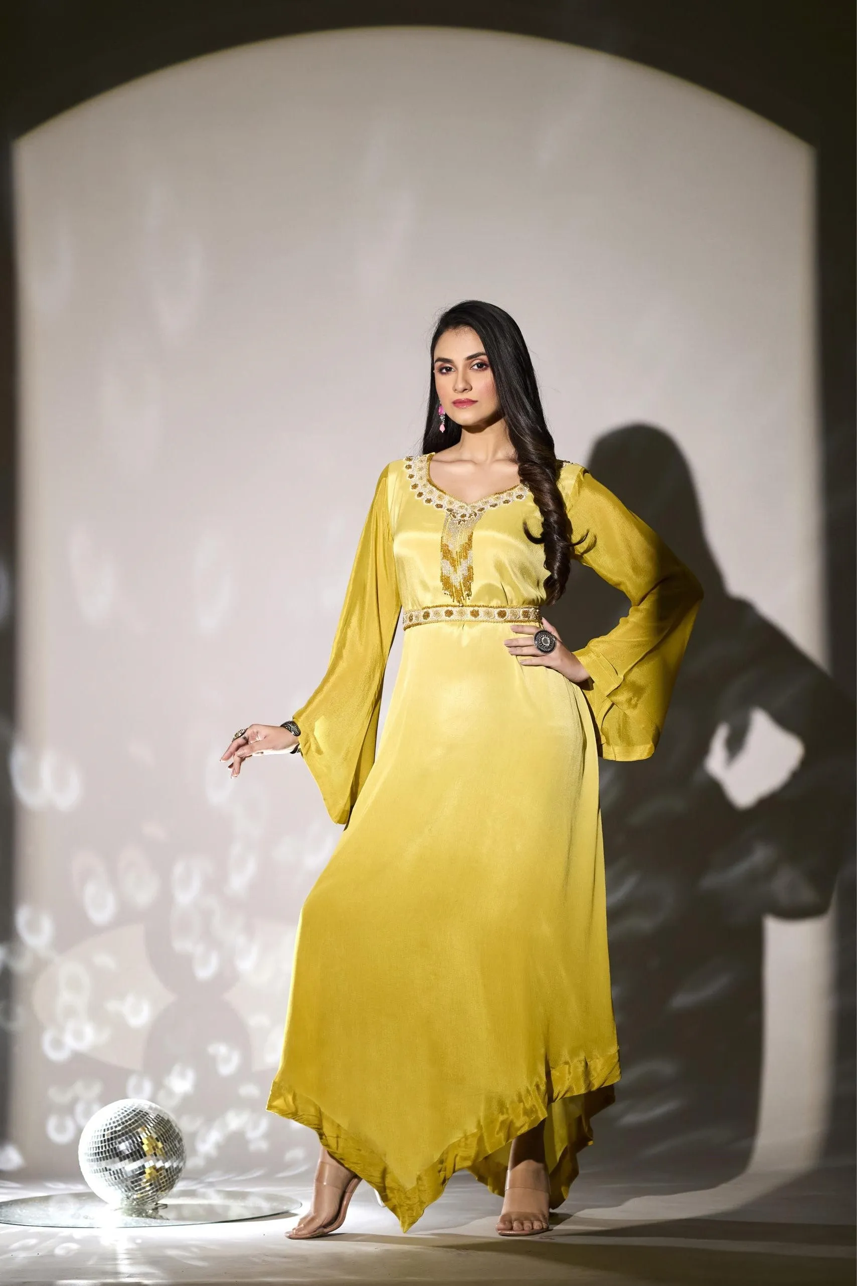 Pastel Yellow Embellished Premium Chinon Silk Gown