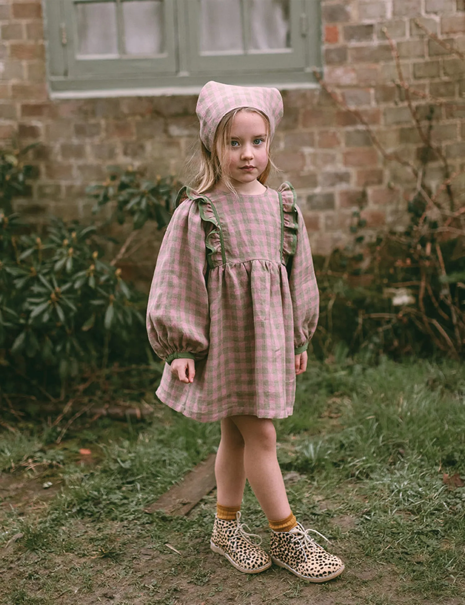 Pat-A-Cake Dress in Rose & Olive Check Linen