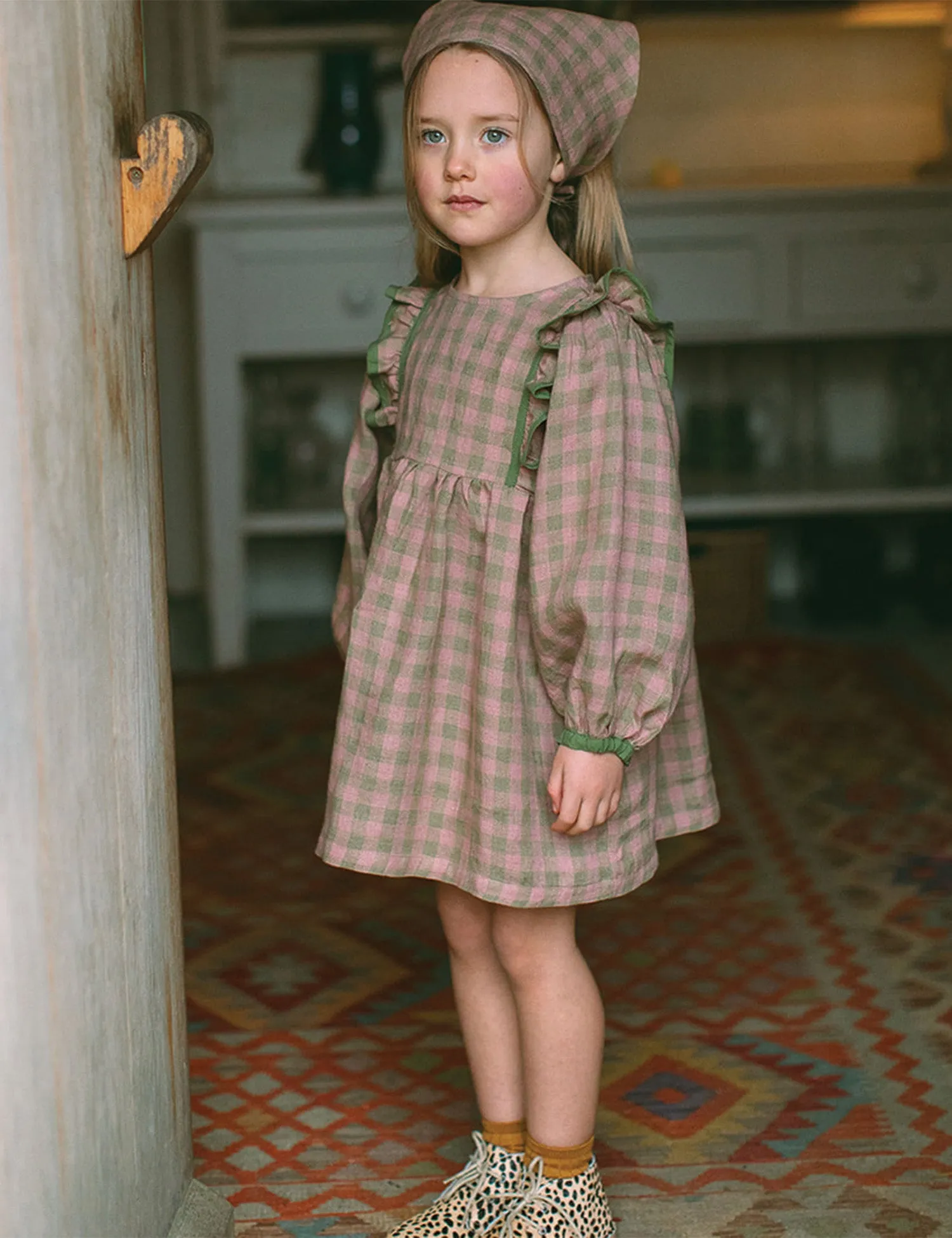 Pat-A-Cake Dress in Rose & Olive Check Linen