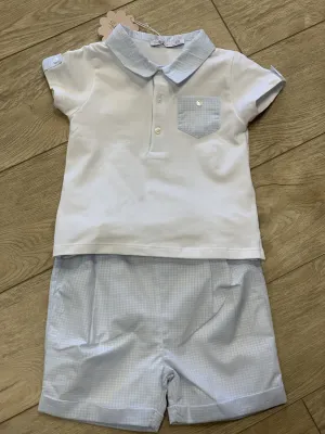 Patachou Baby Boys Collared Shirt and Shorts Set in Sky Blue Check Pattern