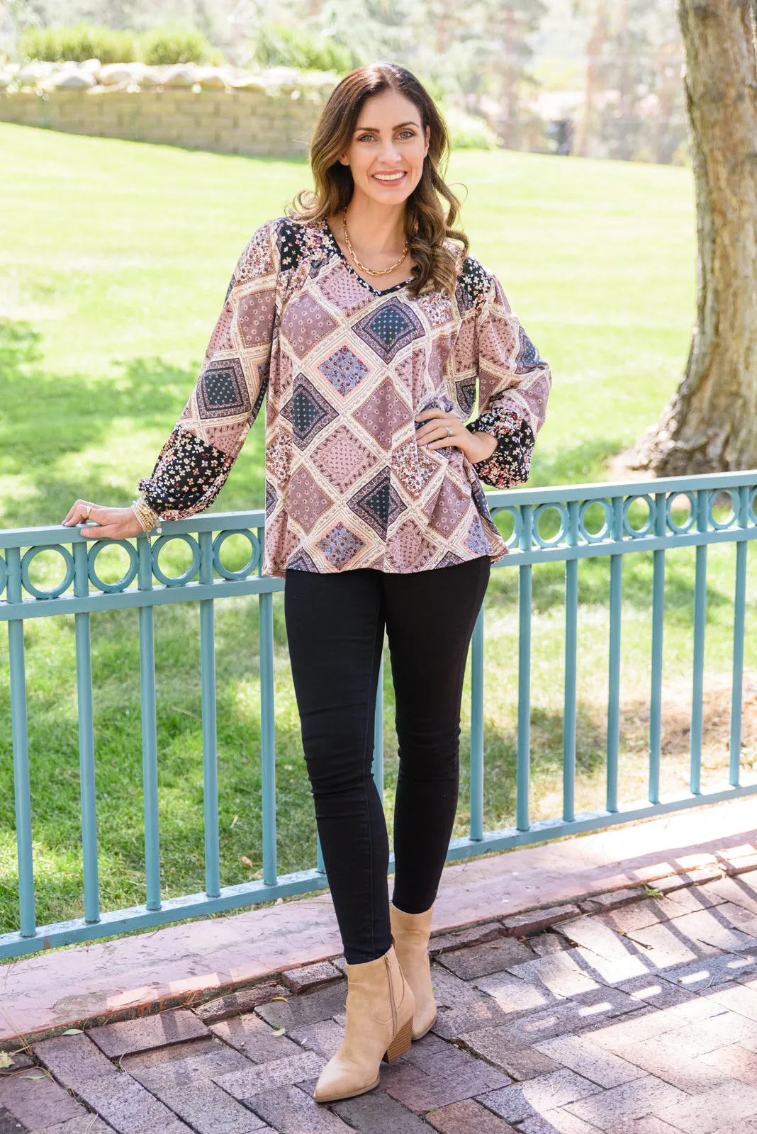 Patch Of Love Floral Print Top In Mauve