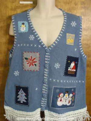 Patchwork Blue Cute Christmas Sweater Vest