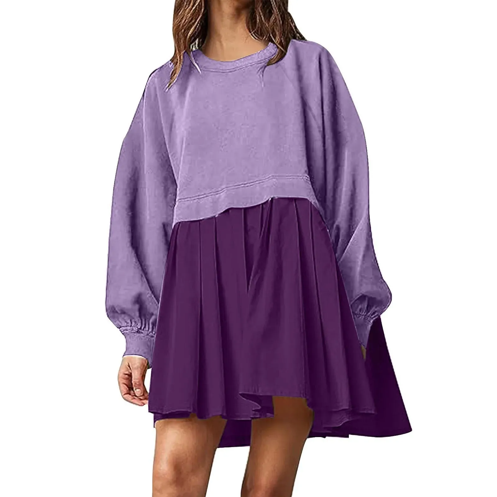 Patchwork Crewneck Loose Pullover Mini Female Robe Casual Oversized Dress