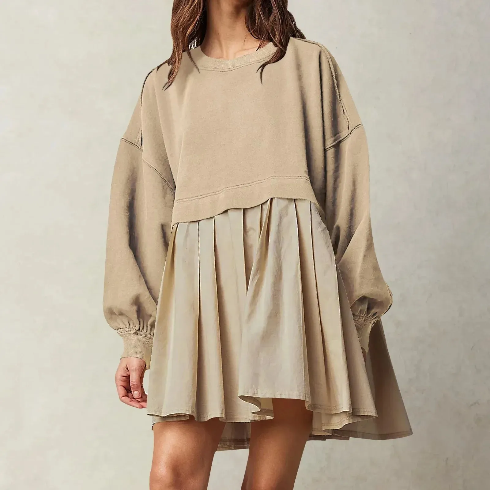 Patchwork Crewneck Loose Pullover Mini Female Robe Casual Oversized Dress