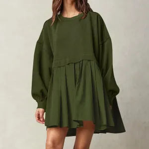 Patchwork Crewneck Loose Pullover Mini Female Robe Casual Oversized Dress