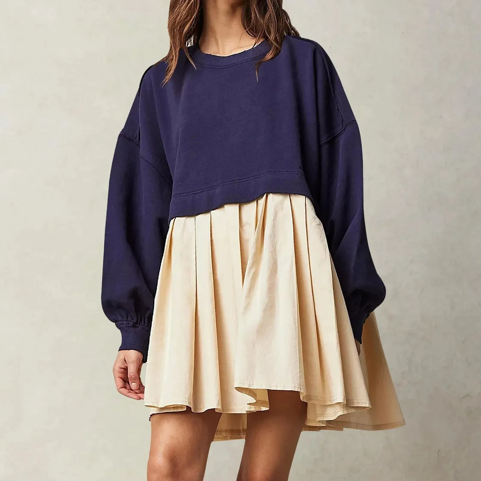 Patchwork Crewneck Loose Pullover Mini Female Robe Casual Oversized Dress