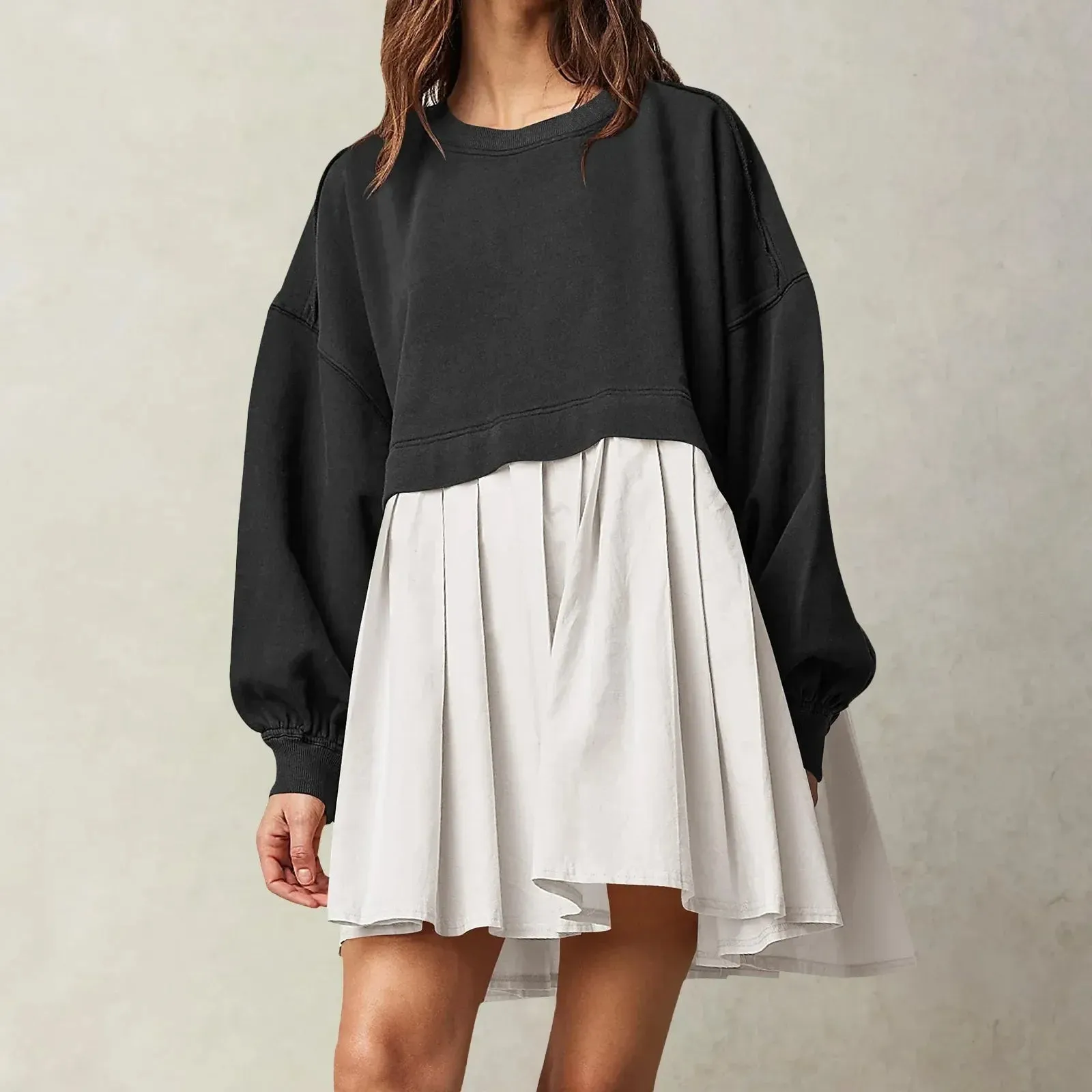 Patchwork Crewneck Loose Pullover Mini Female Robe Casual Oversized Dress