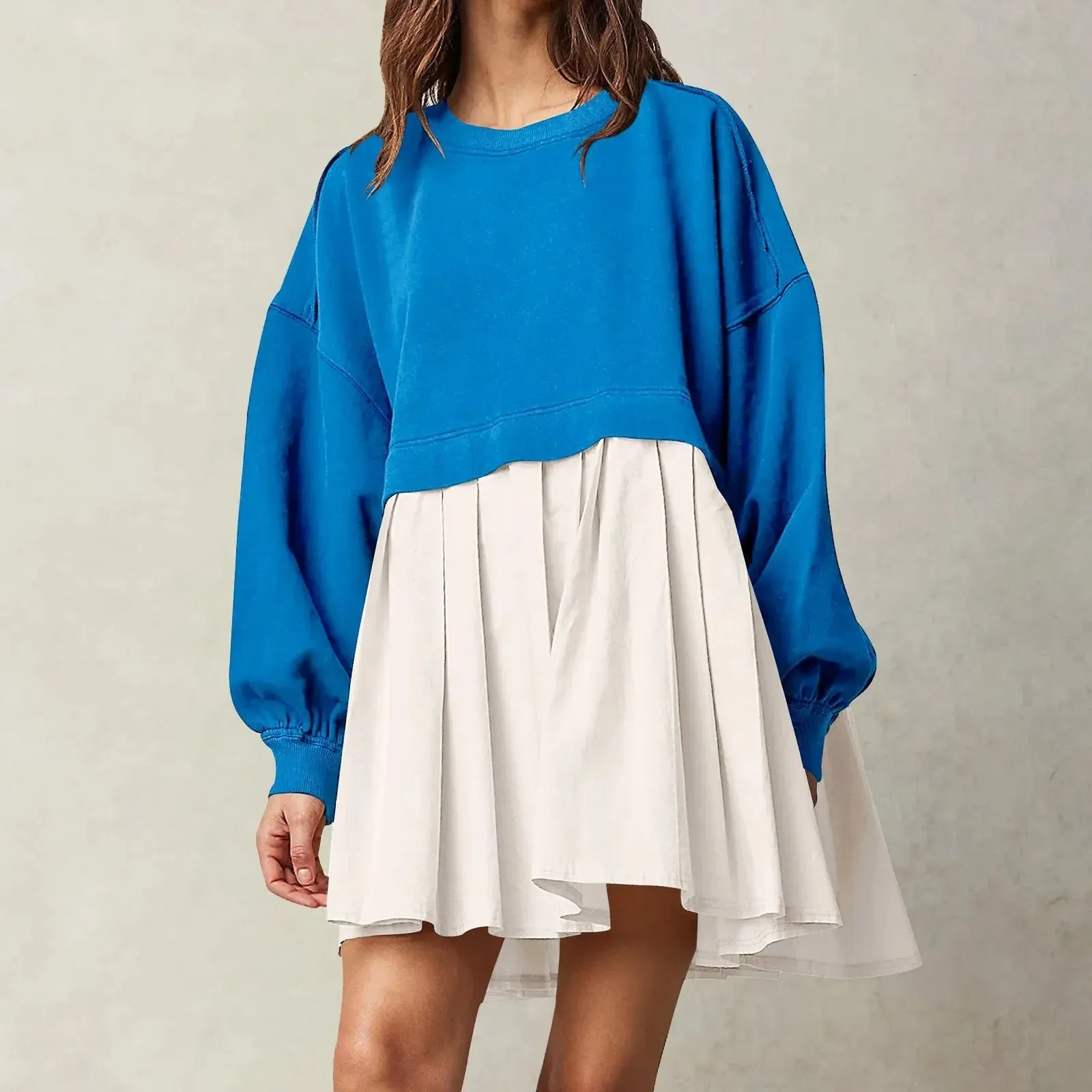 Patchwork Crewneck Loose Pullover Mini Female Robe Casual Oversized Dress