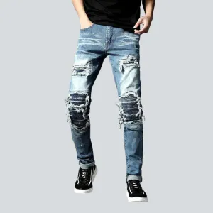 Patchwork knees men's biker jeans