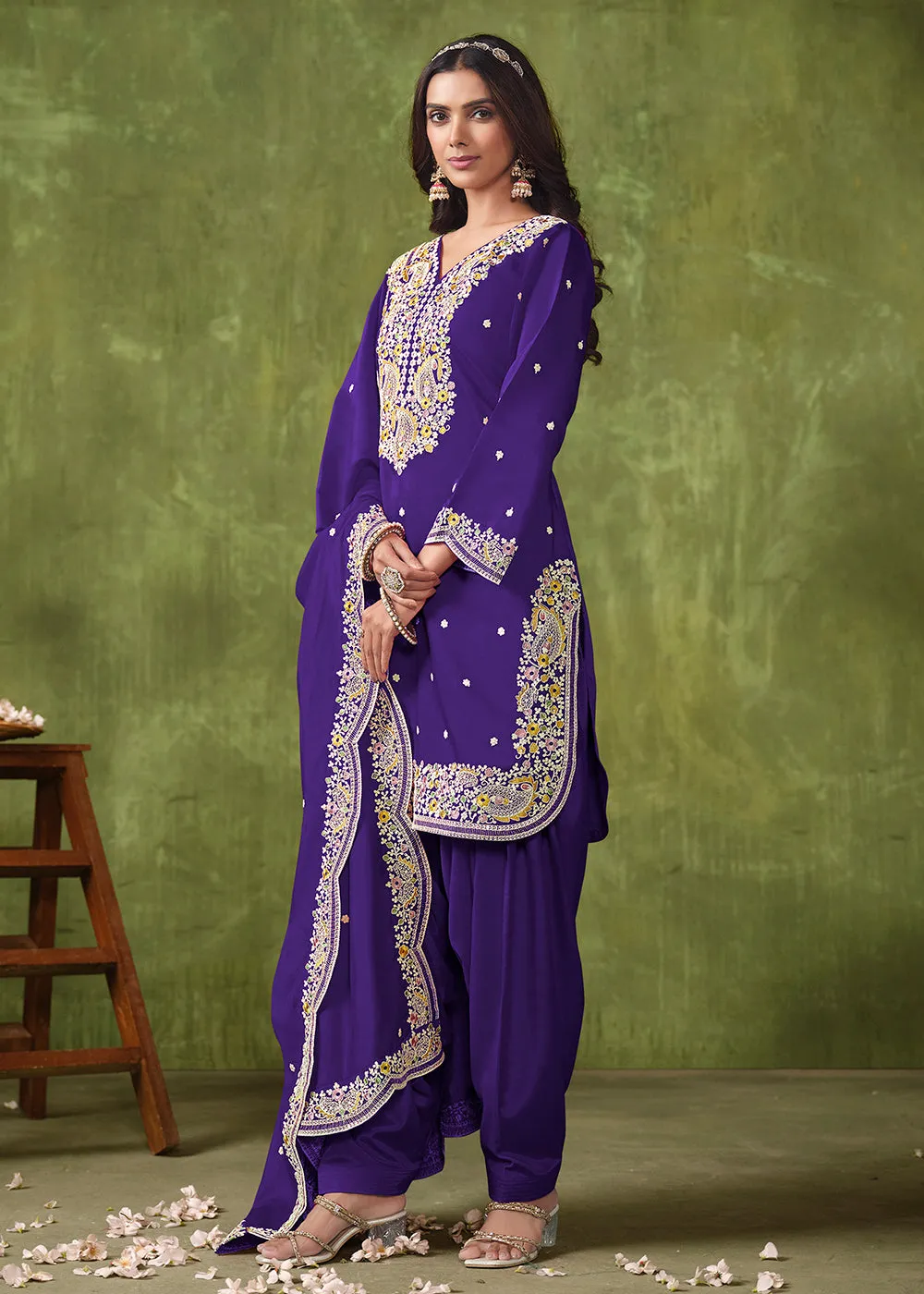 Patiala Style Violet Chanderi Silk Punjabi Salwar Suit