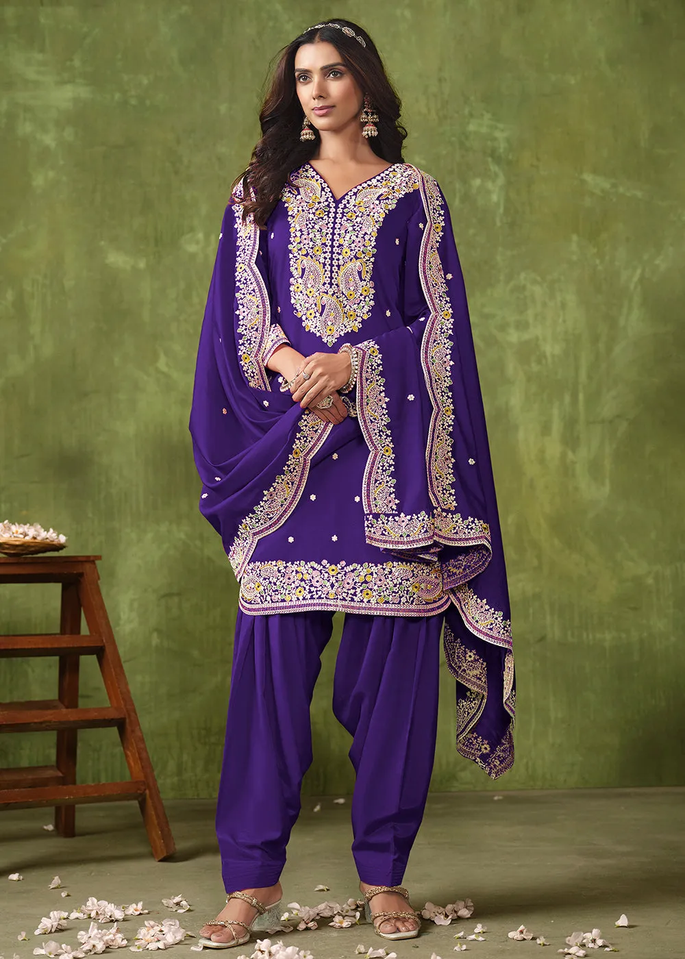 Patiala Style Violet Chanderi Silk Punjabi Salwar Suit