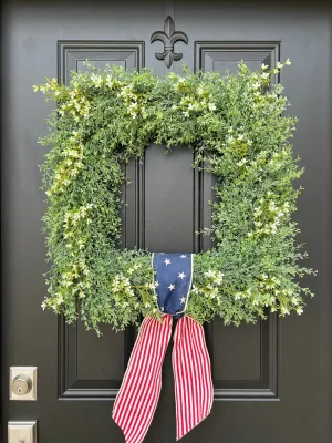 Patriotic Boxwood Square Wreath with Flag Ribbon