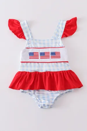 Patriotic plaid flag embroidery one-piece girl swimsuit