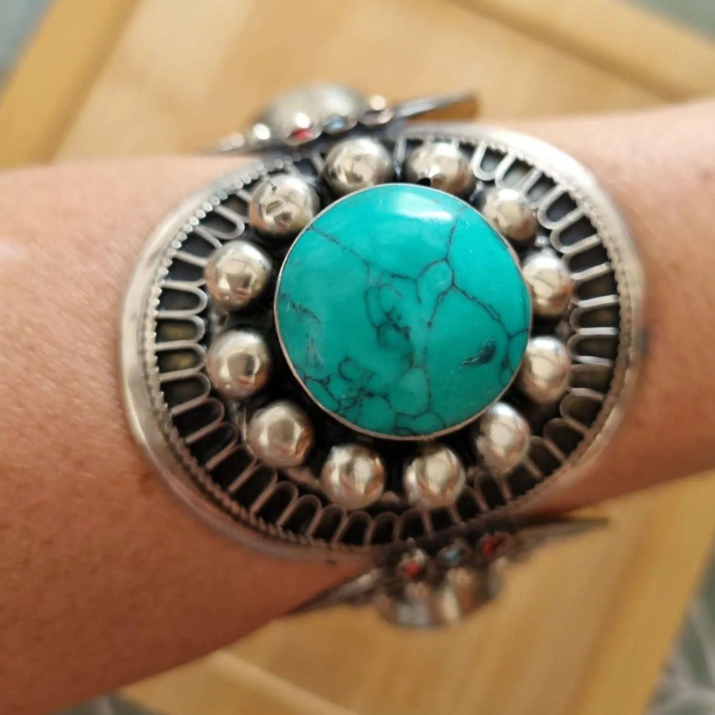 Patterned Tribal Boho Cuff Bracelet - Green Stone