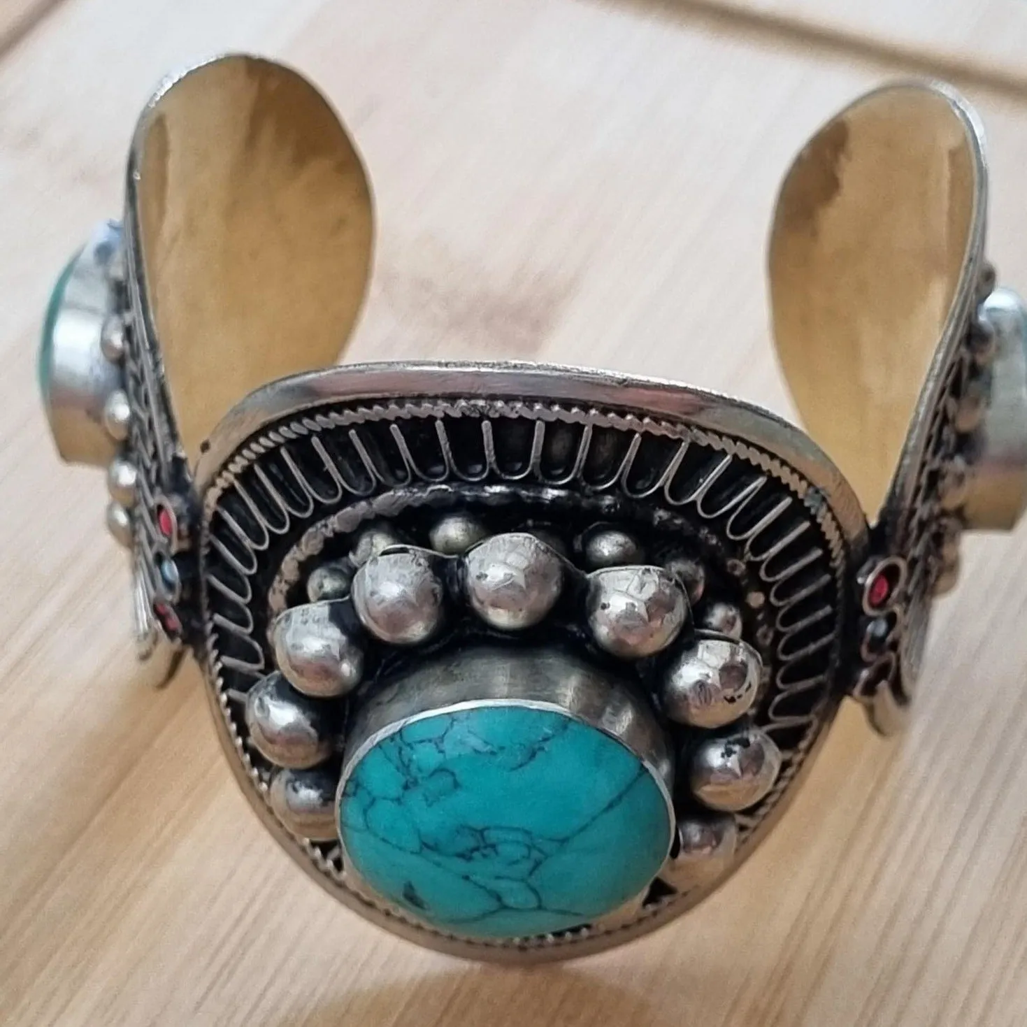 Patterned Tribal Boho Cuff Bracelet - Green Stone