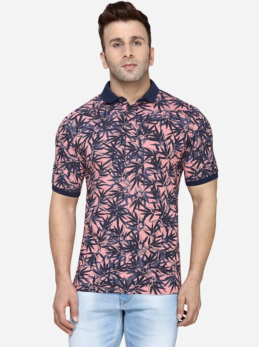 Peach & Blue Printed Slim Fit Polo T-Shirt | JadeBlue