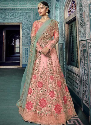 Peach And Blue Embroidered Kaliyaari Lehenga Choli Set