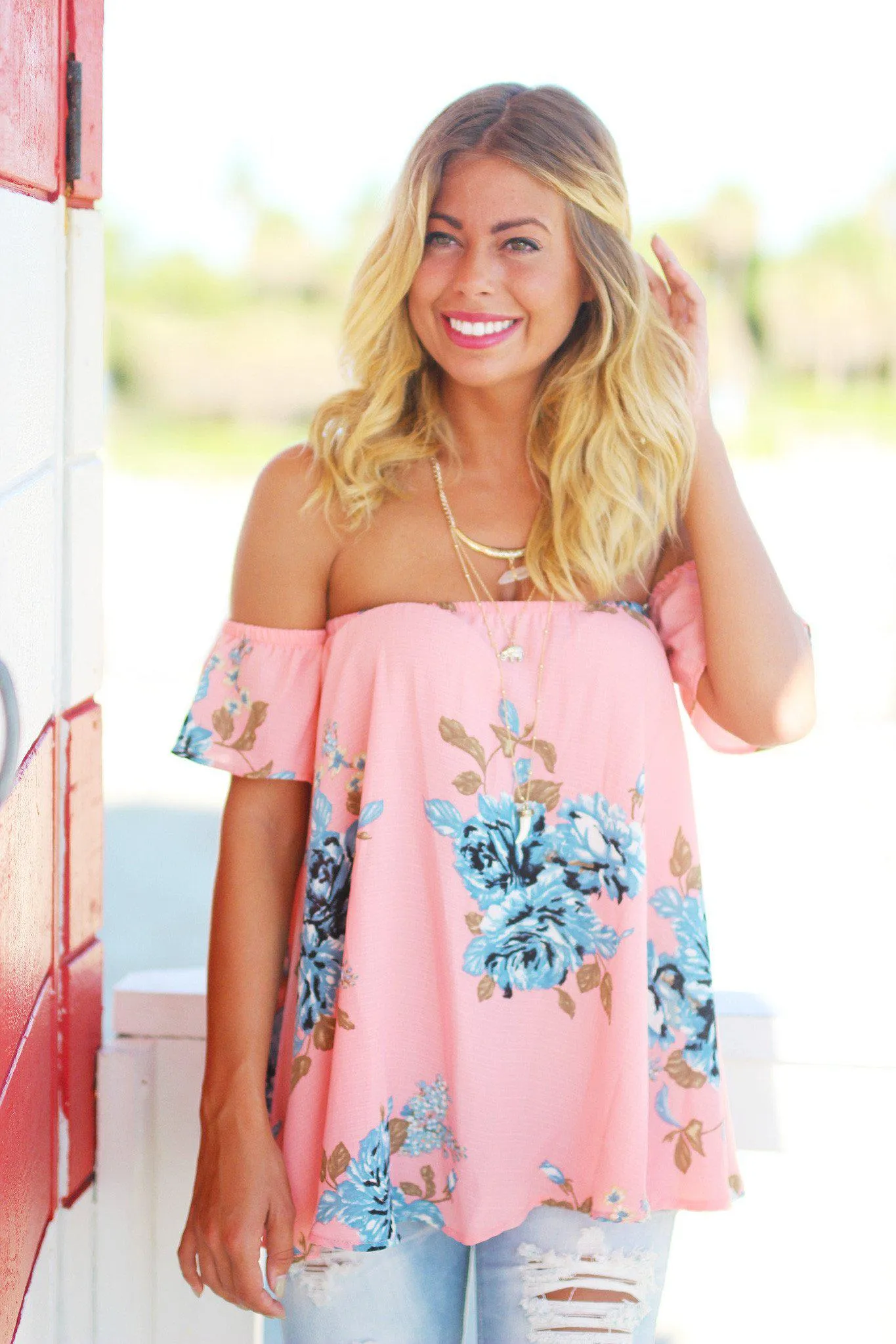 Peach and Blue Floral Off Shoulder Top