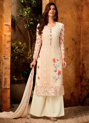 Peach And Cream Multi Embroidered And Printed Designer Palazzo Suit