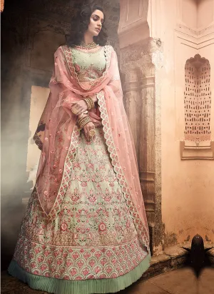 Peach And Green Designers Wedding Lehenga Choli