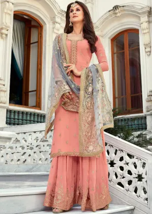 Peach And Grey Embroidered Gharara Suit