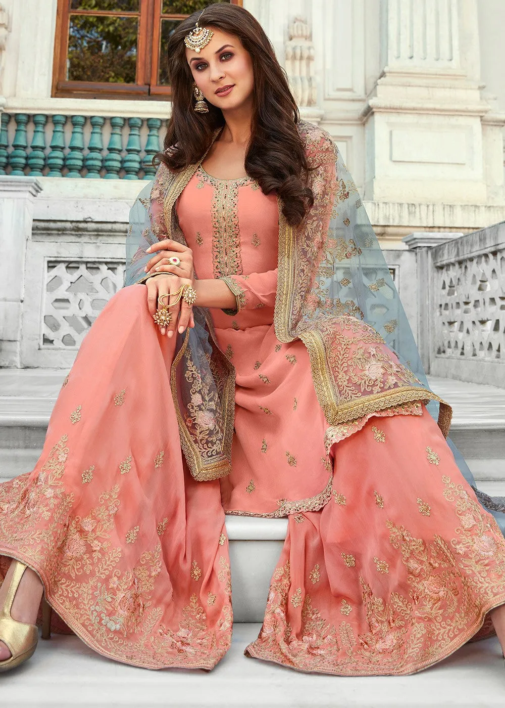 Peach And Grey Embroidered Gharara Suit