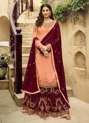 Peach And Maroon Embroidered Designer Sharara Suit