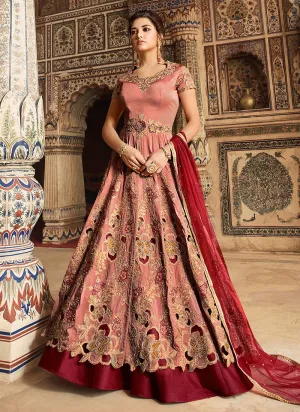 Peach And Red Embellished Lehenga/Pant Suit