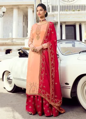 Peach And Red Embroidered Lehenga Style Suit