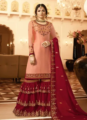 Peach And Red Embroidered Pakistani Gharara Suit