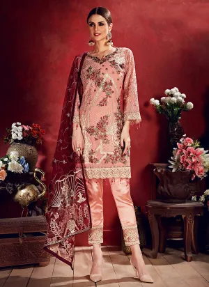 Peach And Red Embroidered Pakistani Pants Suit