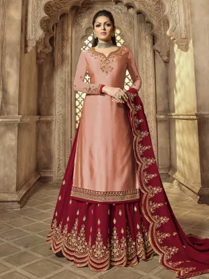 Peach And Red Embroidered Wedding Lehenga Kurti Set