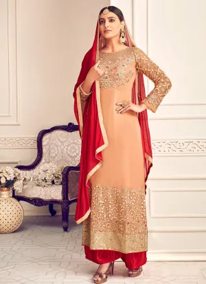 Peach and Red Pakistani Palazzo Suit