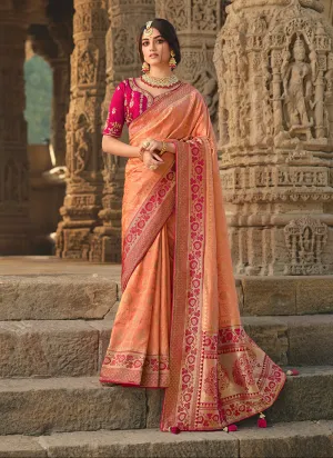 Peach And Red Traditional Embroidered Silk Saree