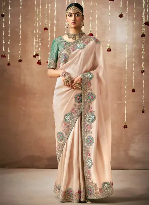 Peach And Teal Multi Embroidery Tissue Silk Saree