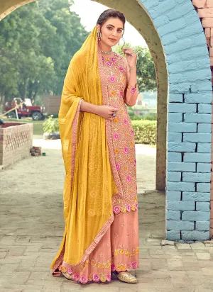 Peach And Yellow Embroidered Gharara Suit