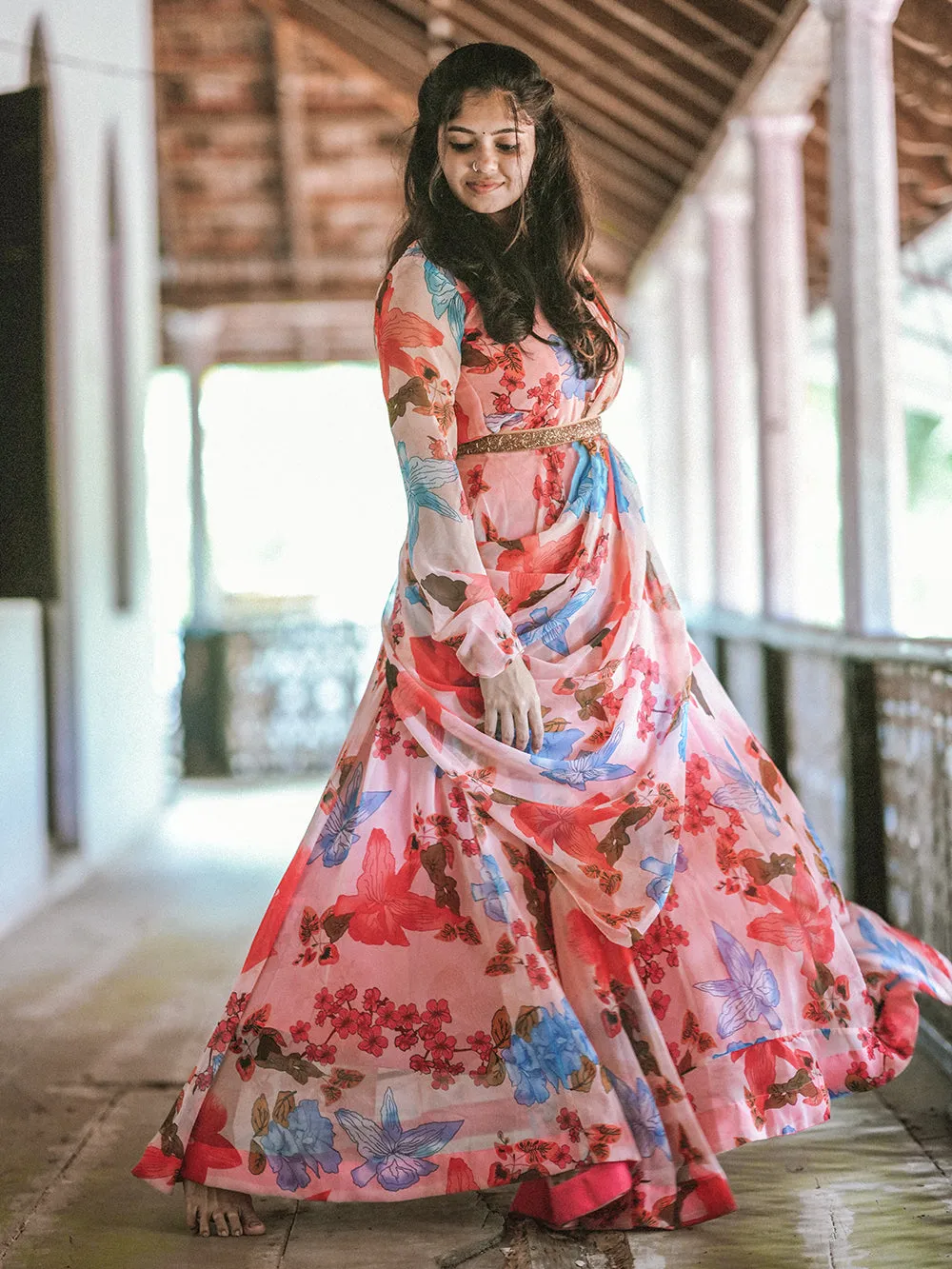 Peach Color Digital Printed Georgette Gown