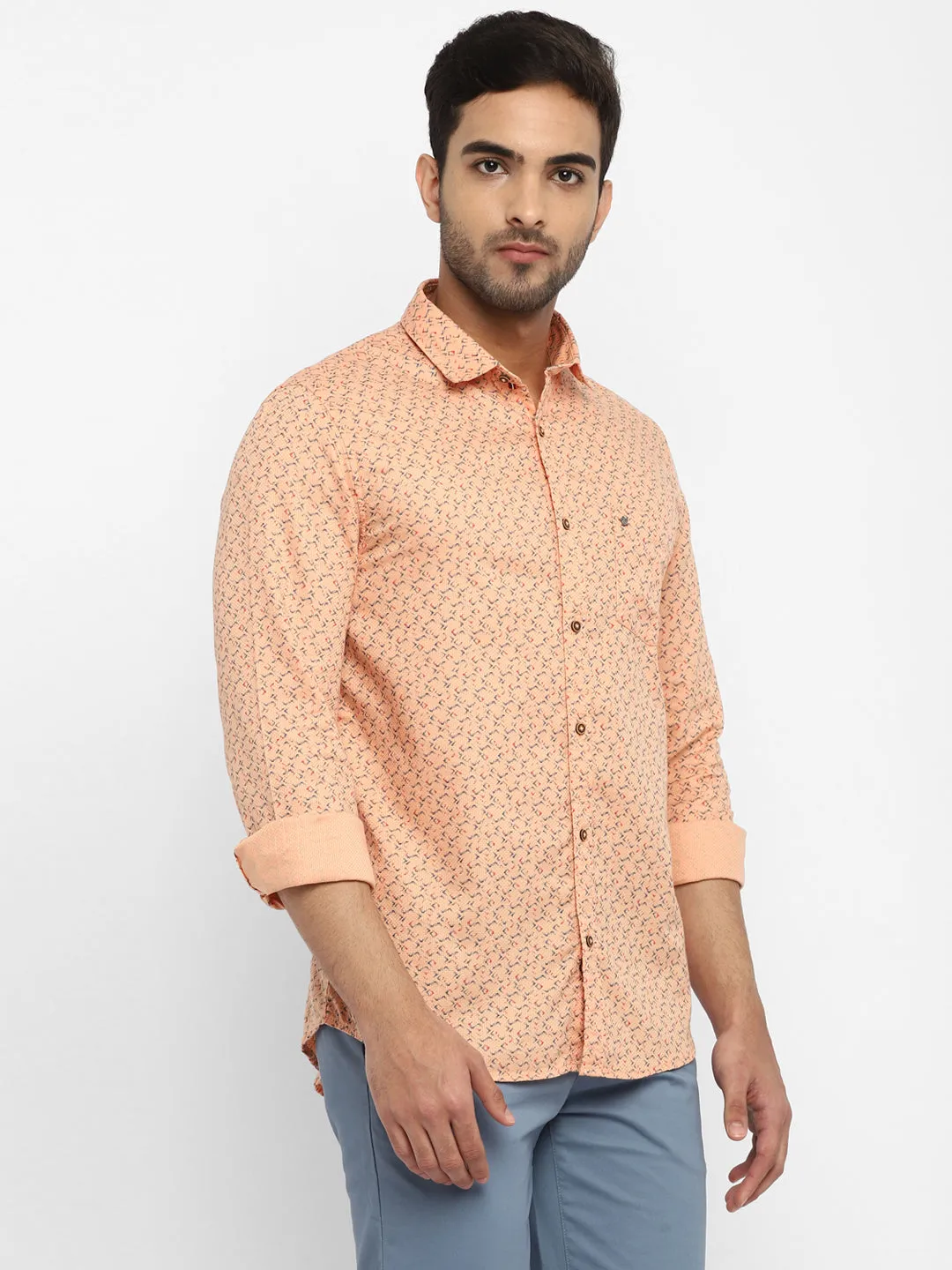 Peach Cotton Printed Slim Fit Shirt