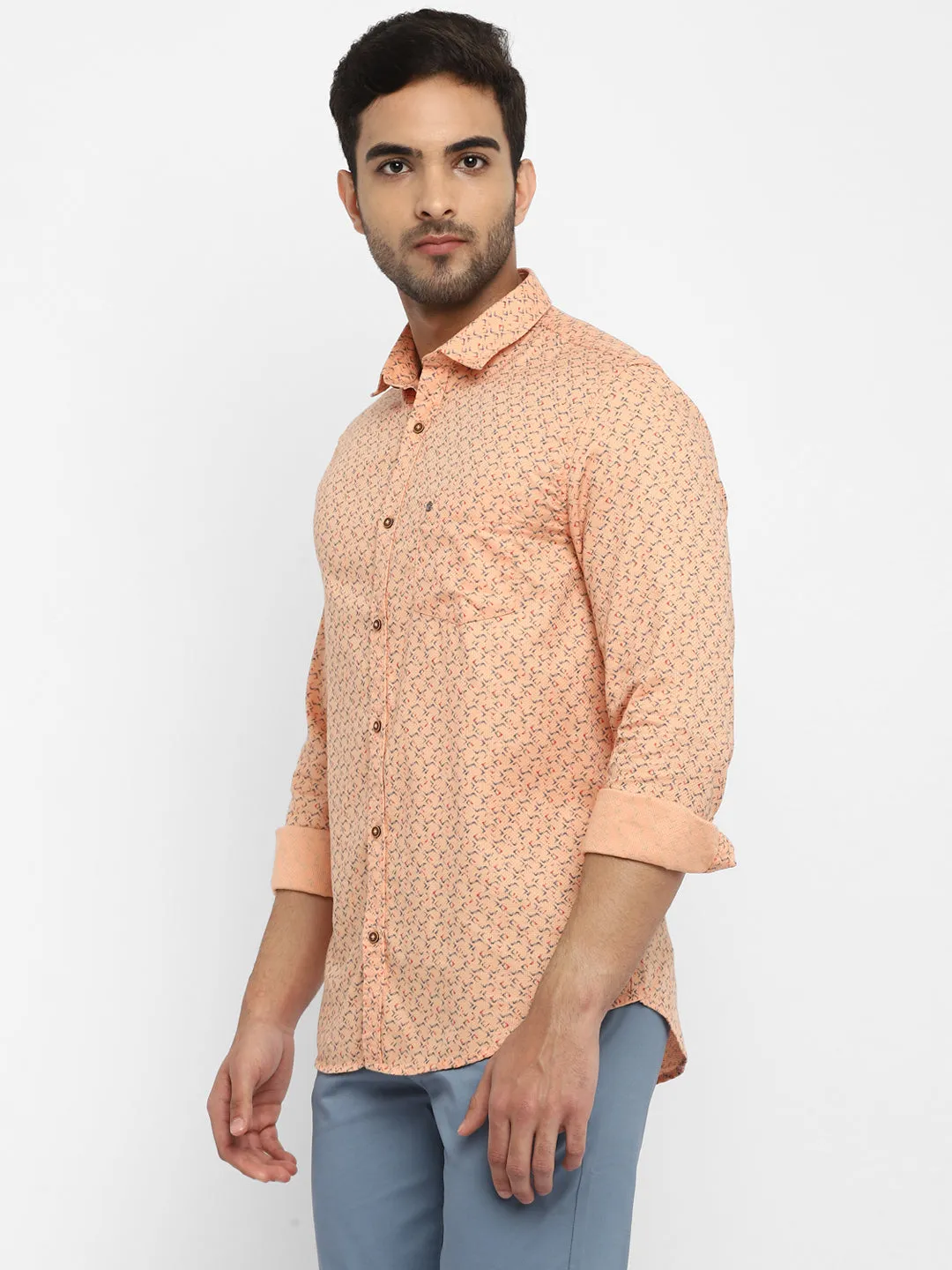 Peach Cotton Printed Slim Fit Shirt